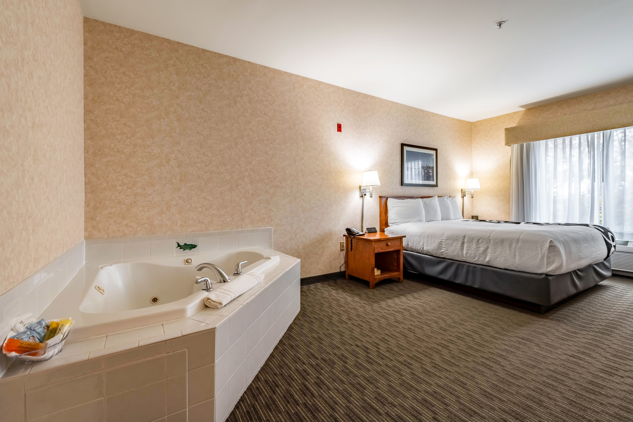 Hotel room with king bed and Jacuzzi tub.