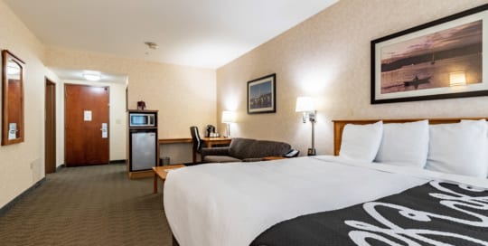 Hotel suite with king bed and jacuzzi tub.