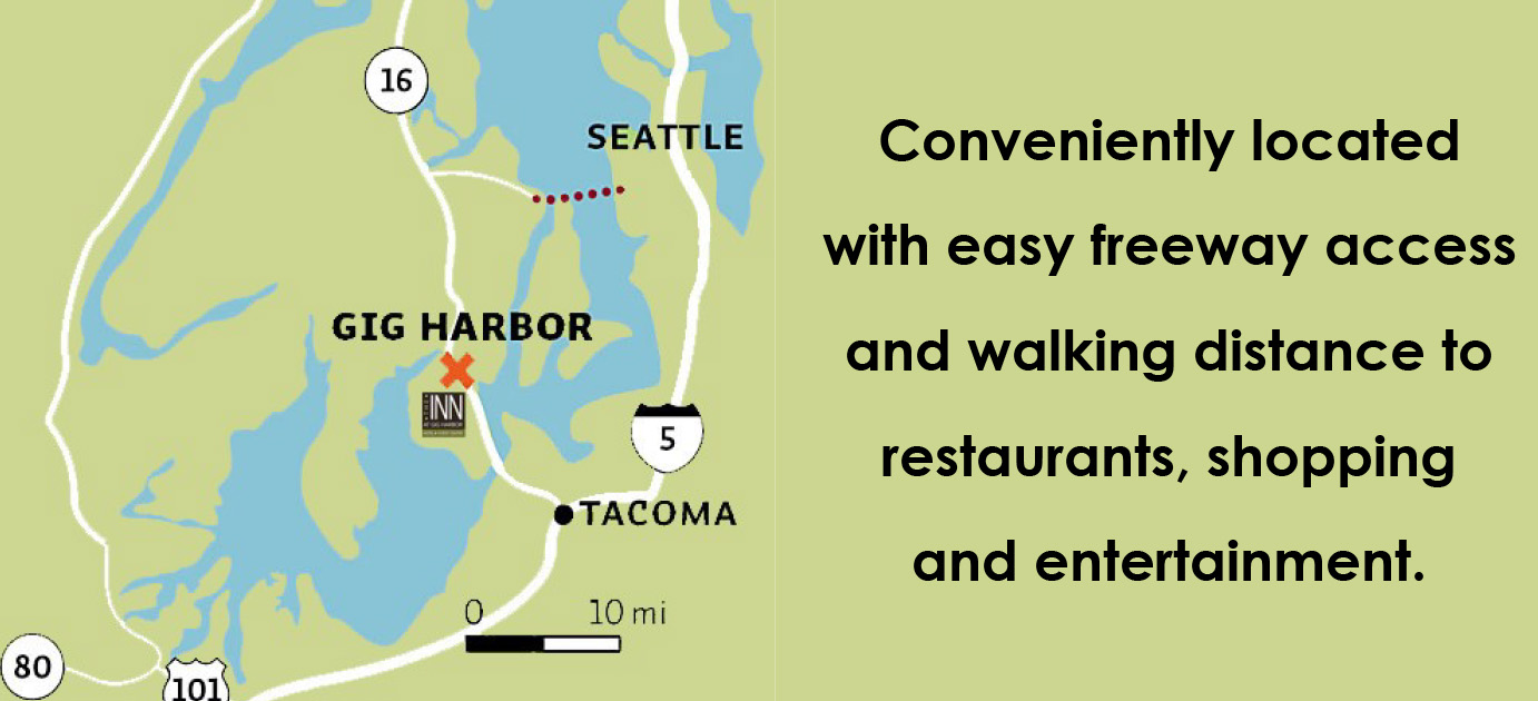 Map of Seattle area with text saying Conveniently located with easy freeway access and walking distance to restaurants, shopping and entertainment.
